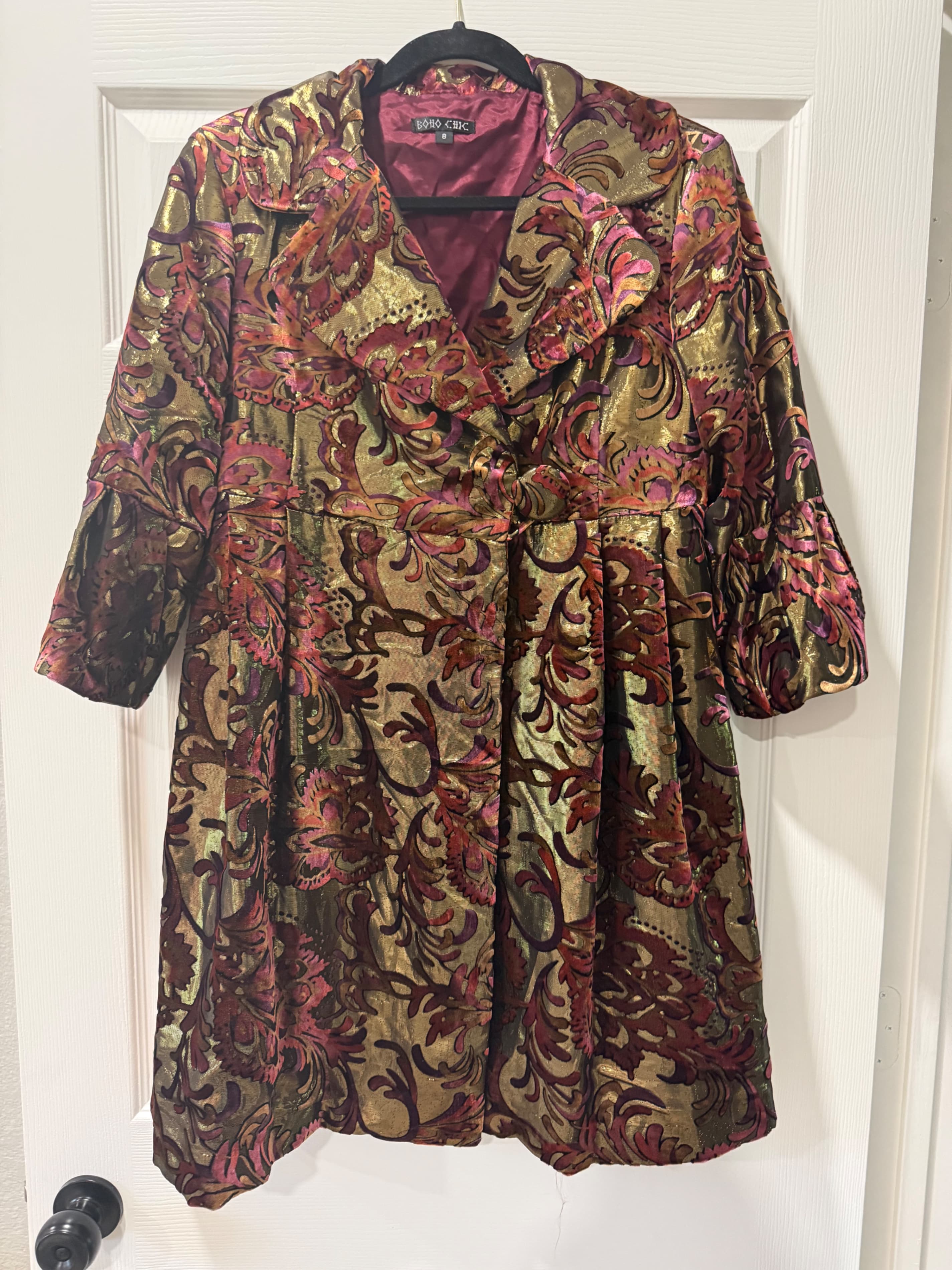 Boho Chic Floral Brocade Coat with Wide Collar