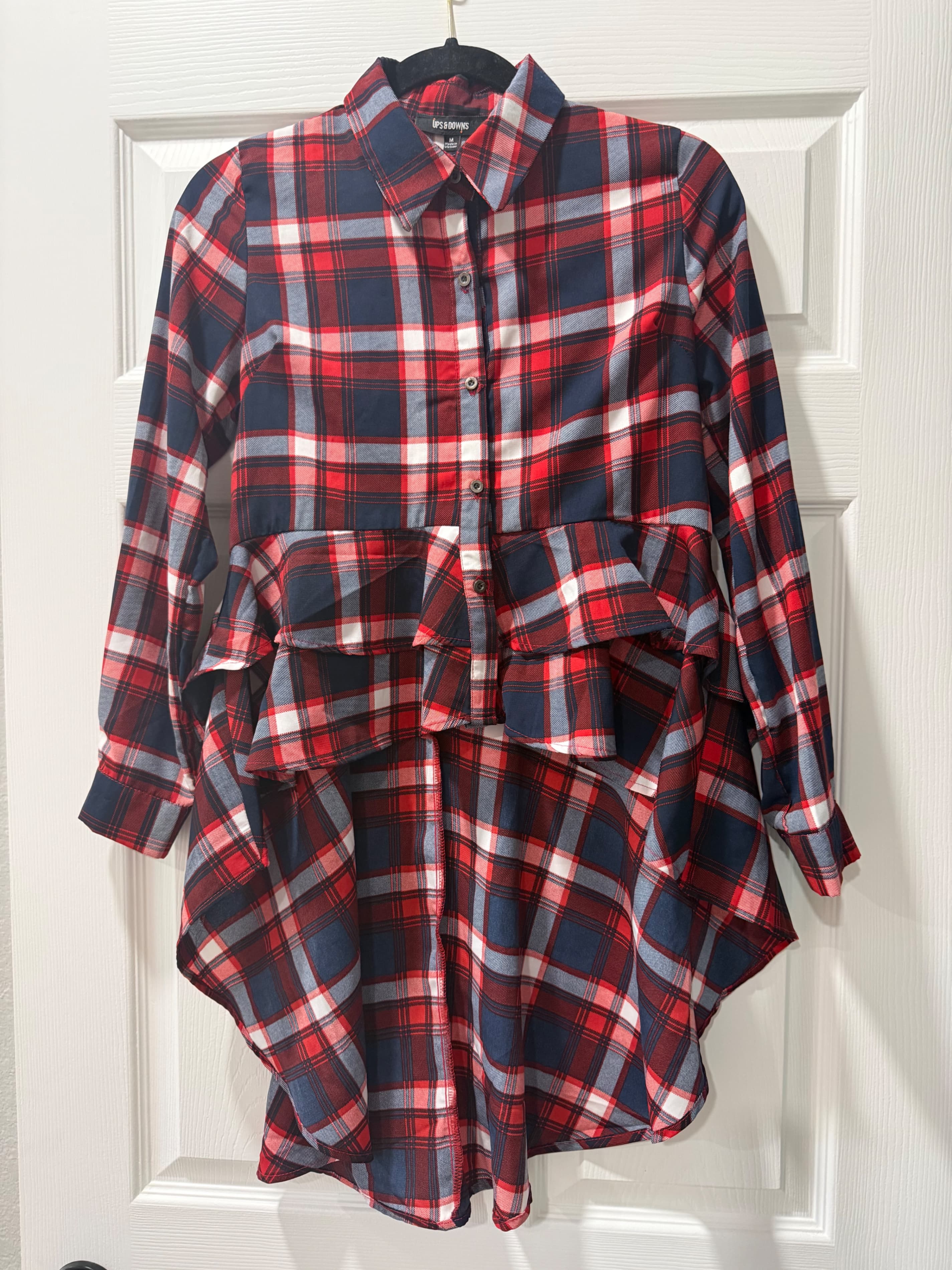 Ups & Downs Red Plaid Ruffle Button-Up Shirt Dress