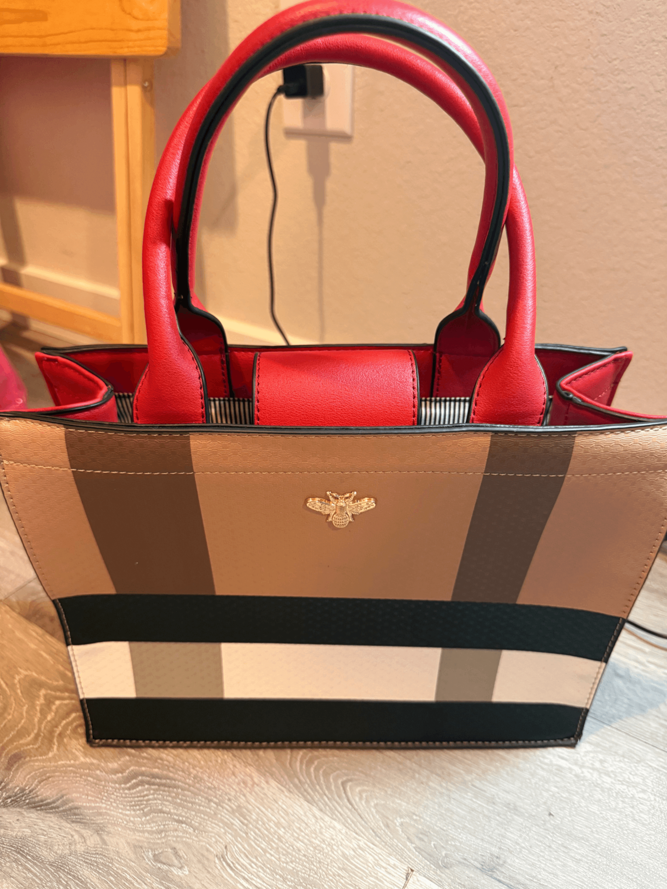 Checkered Tote Bag with Red Handles