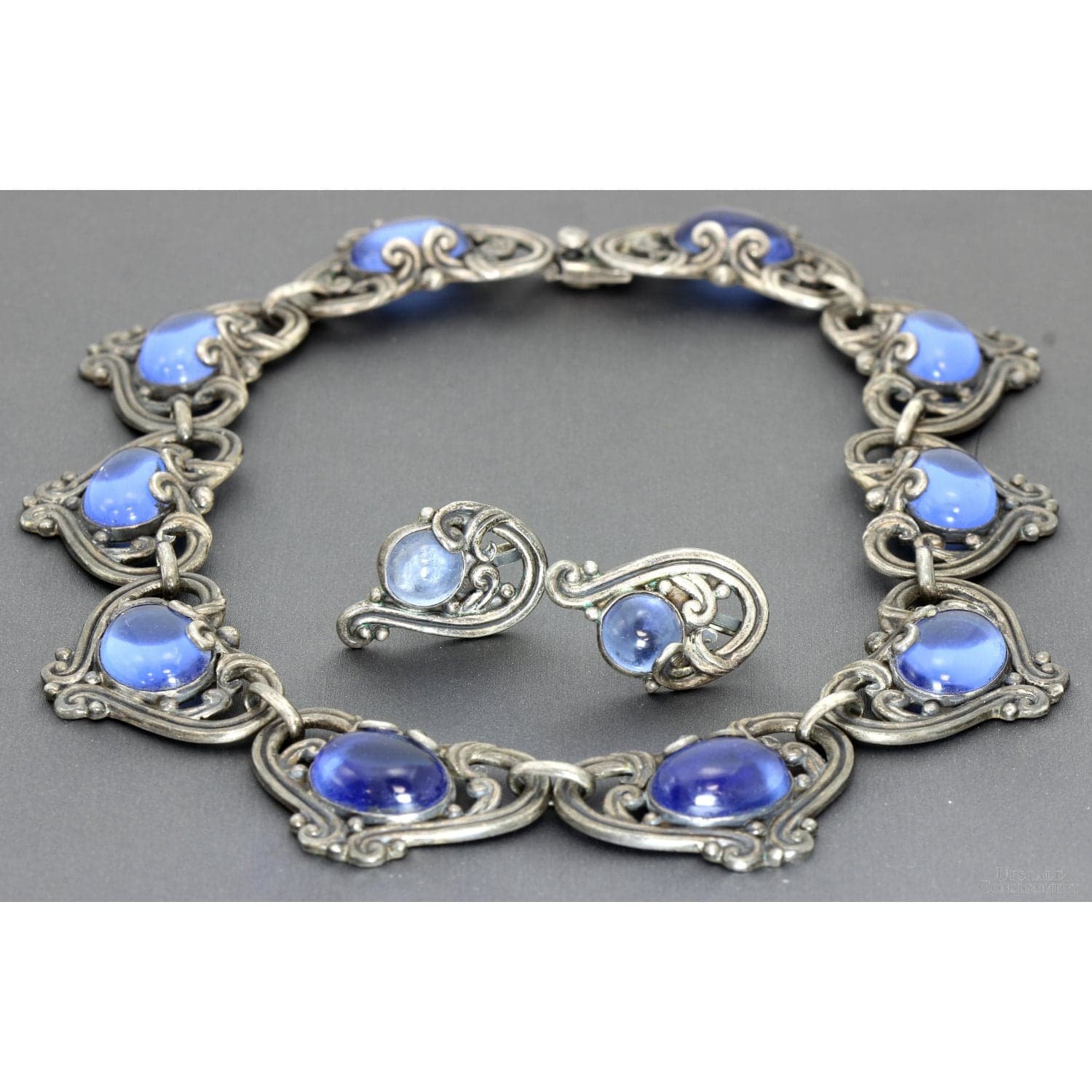 Margot de Taxco #5213 Hearts Sterling Silver Necklace & Earring Set with Sapphire-Blue Glass Cabochons - 15"-16"