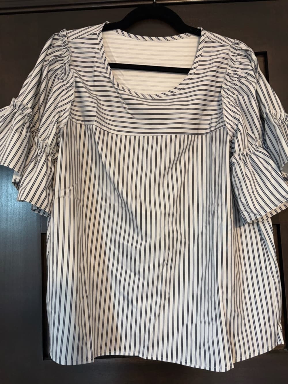 Striped White and Navy Ruffle Sleeve Women's Top