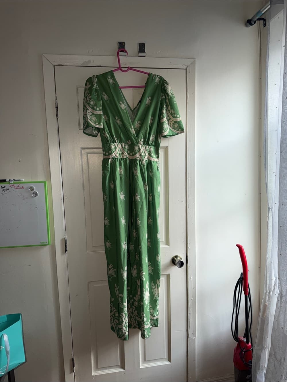 Green Botanical Wrap Jumpsuit with Cream Print