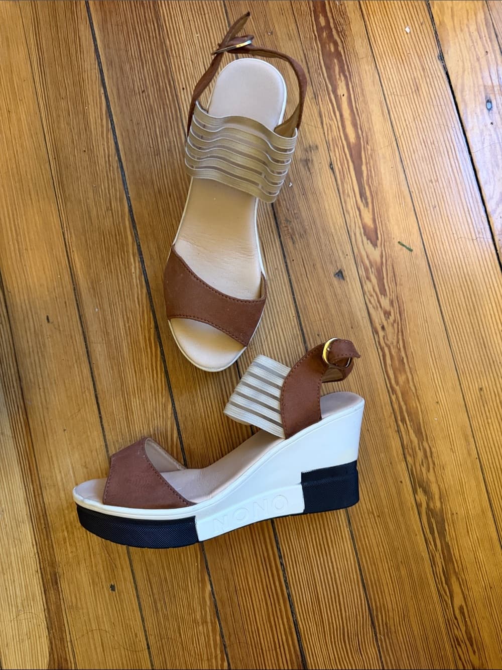 Neutral Brown Suede-Look Sandals with Cream Elastic Ankle Straps