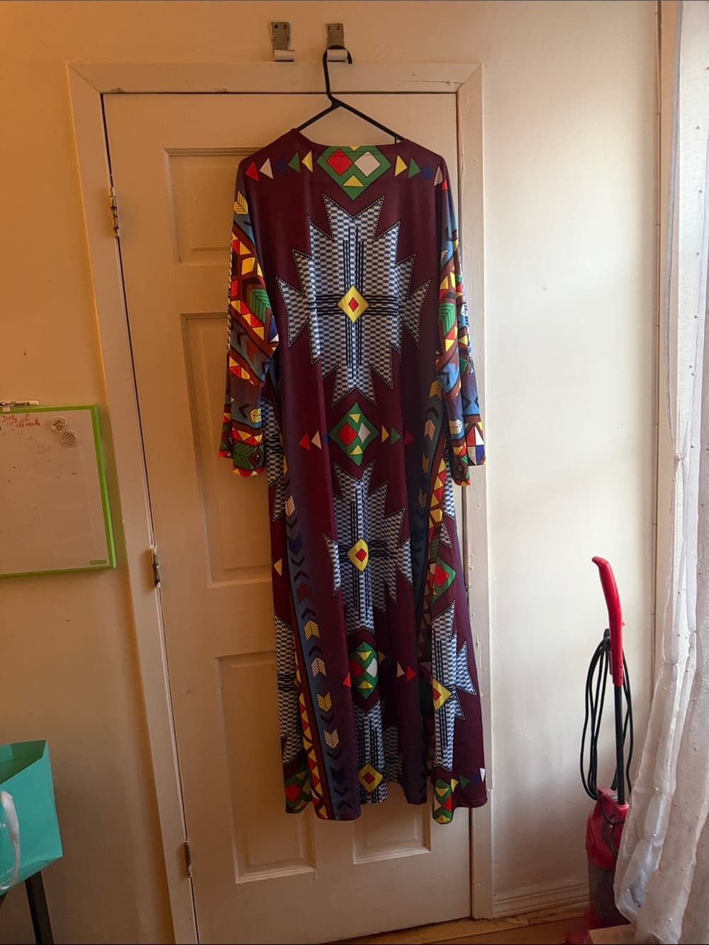 Long Open-Front Geometric Print Kimono - Burgundy with Multicolor Trim