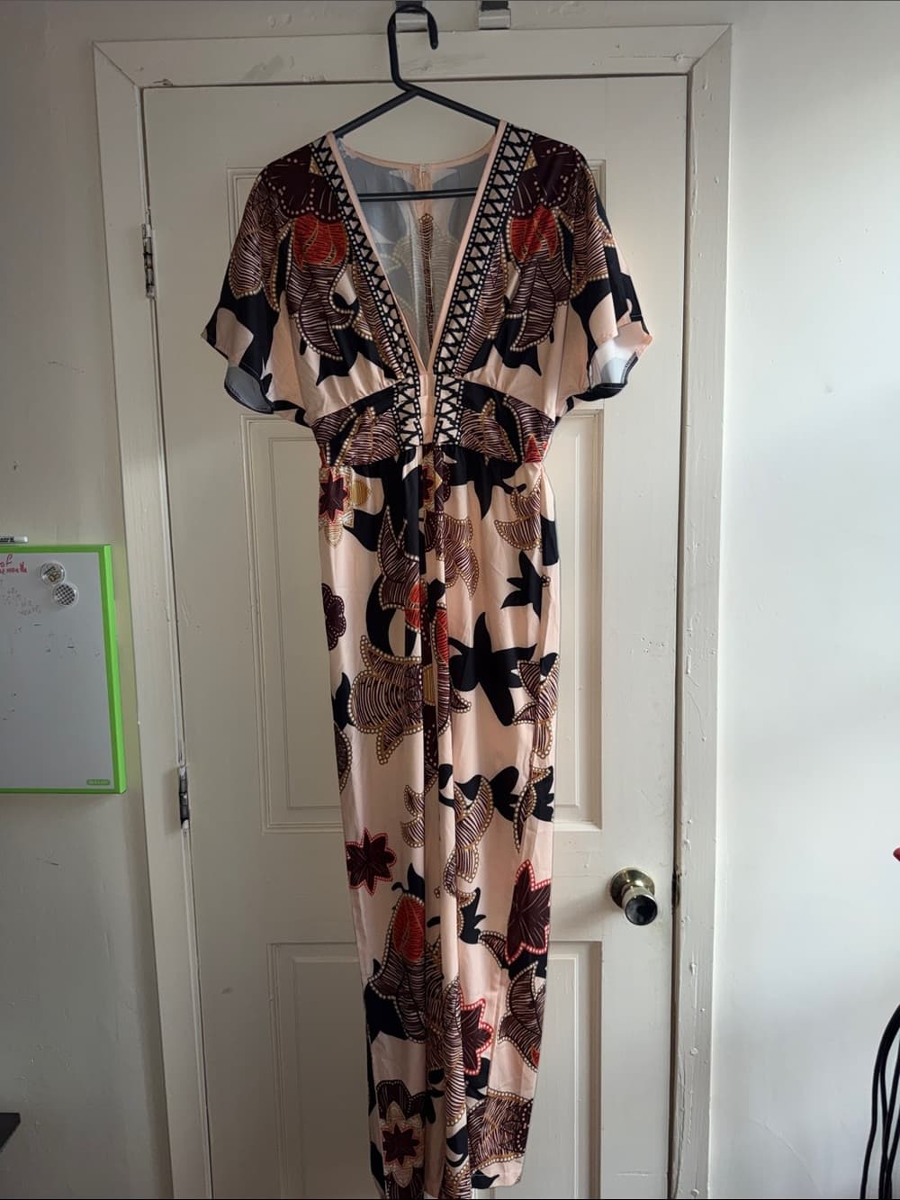 SHEIN Peach Floral V-Neck Wide-Leg Jumpsuit