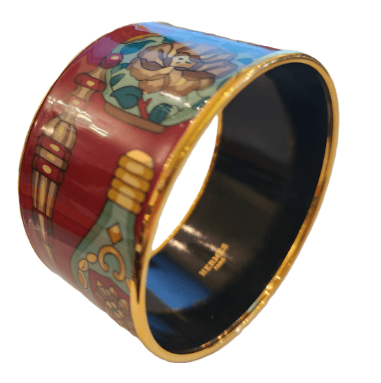 HERMES Rare Wide Red Enamel Perfume Bottle Print Bangle Bracelet