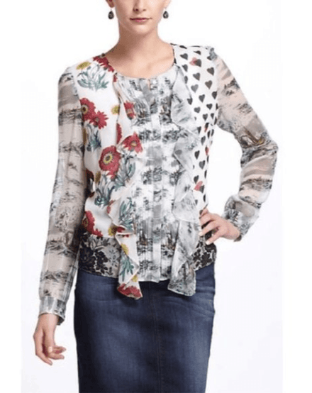 LEIFNOTES for Anthropology Button Down Ruffle Floral/Heart Print Blouse