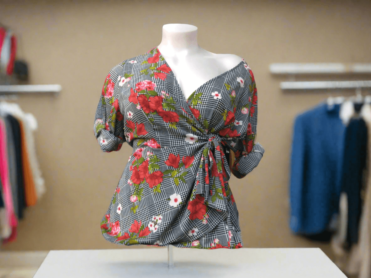 City Chic Houndstooth Floral Long Sleeve Wrap Blouse