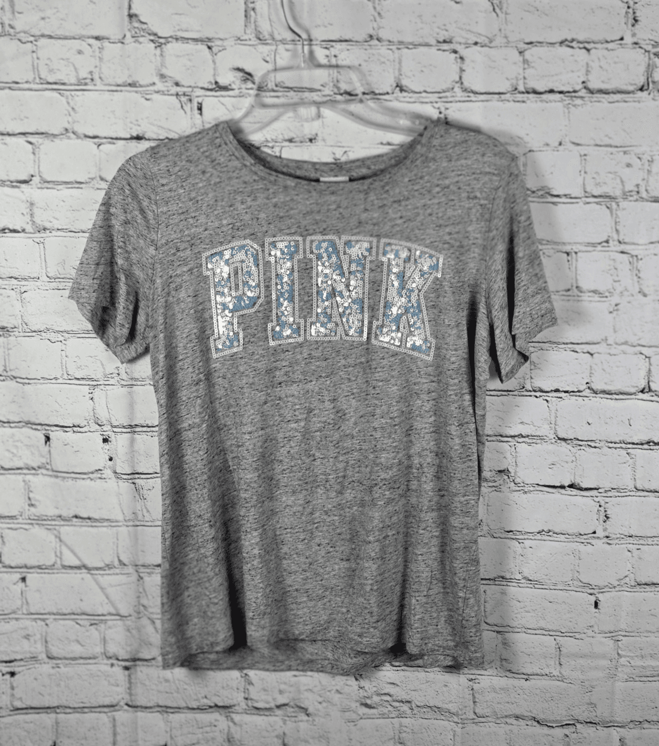 Victoria Secret Large Gray W/ Iridescent White Sequins "Pink" T-Shirt