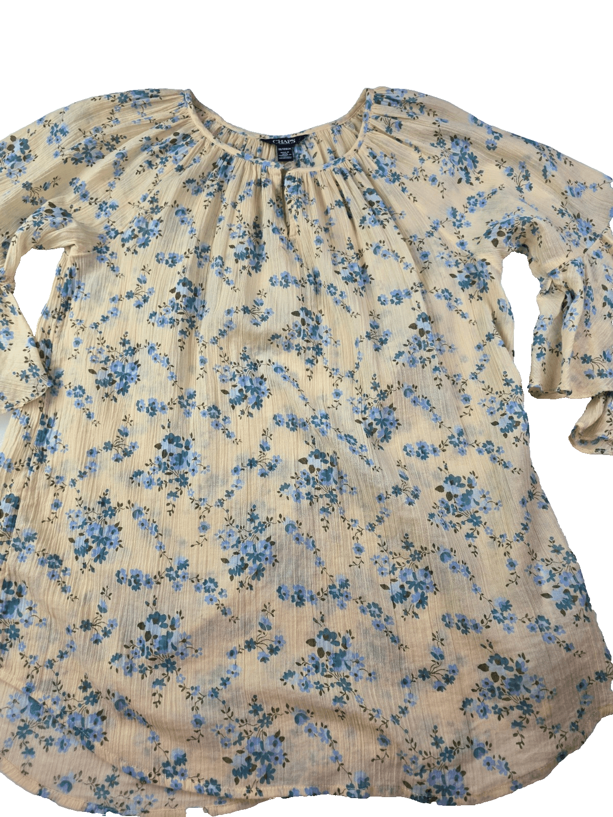 Chaps Women's Size XS Peasant Blouse, Ruffled Sleeves, Pale Yellow Floral
