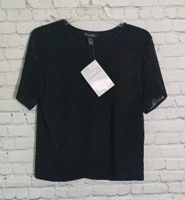 Denim & Co Women's Large Black W/Lace Short Sleeve Shirt