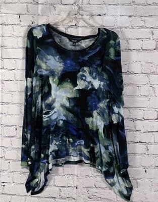 Simply Vera Wang Women’s Medium Black-Blue Floral Print Asymmetrical Blouse