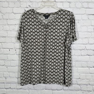 Liz Claiborne Women's XL Cl Olive Green White Leaf Print Flutter Sleeve Blouse
