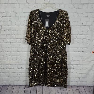 City Chic Women's XS/14 Gold Sequin V-Neck Glam Dress