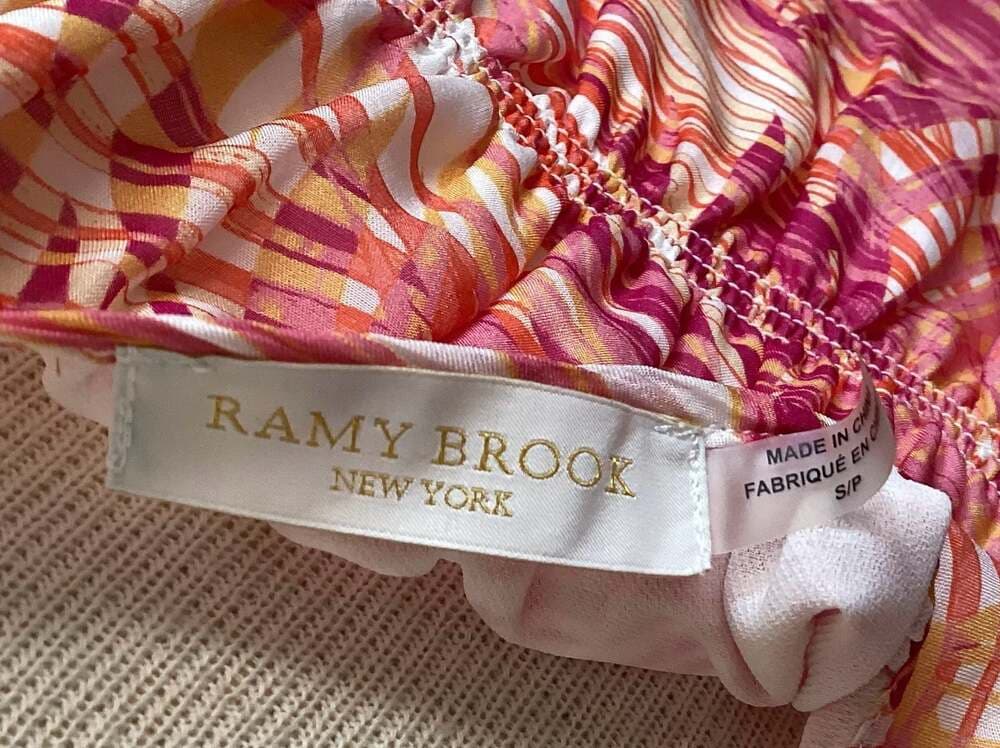 Ramy Brook Dress Women's Small Orange Pink Palm Tropical Tiered Smocked Silk