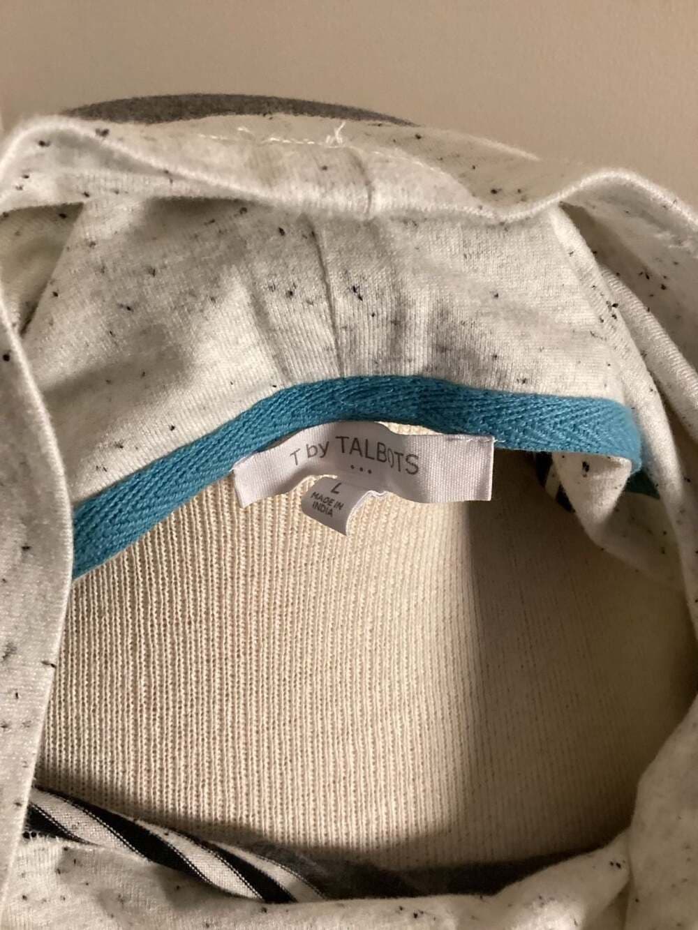 T by Talbots Striped Cowl Neck Pullover Hoodie in White, Teal and Grey