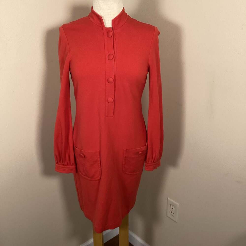 Trina Turk Madge Red Long Sleeve Button Down Shift Dress with Pockets