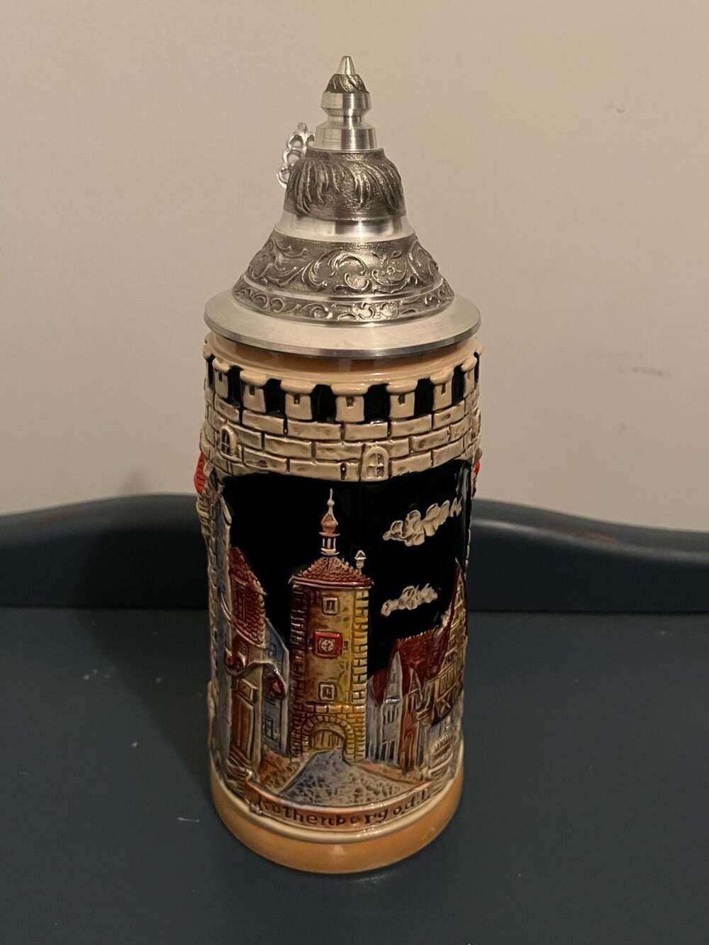 Vintage Rothenburg o.d.T. German Ceramic Beer Stein with Pewter Lid