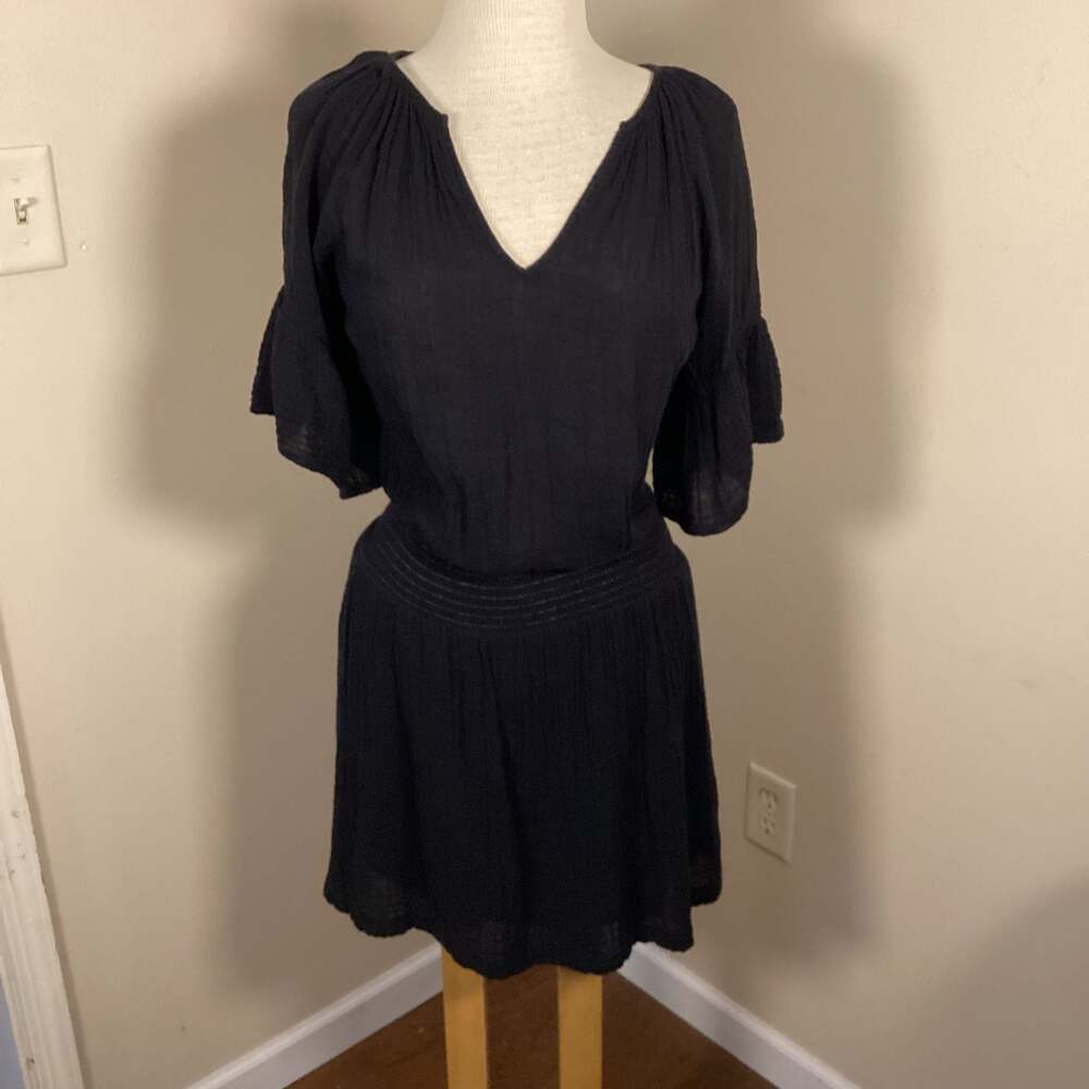 Michael Stars Black Katelyn Smocked Waist Flounce Sleeve V-Neck Mini Dress