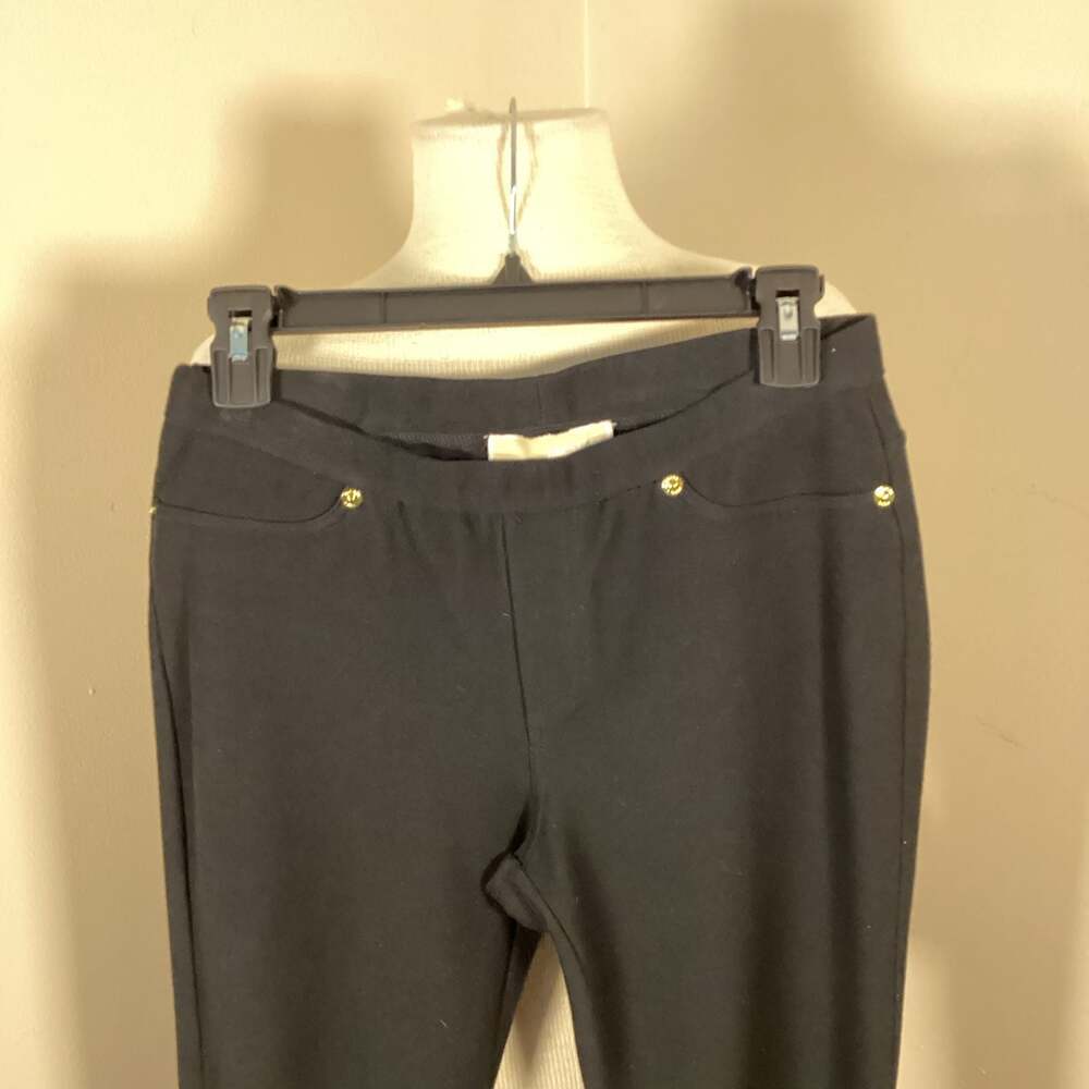 MICHAEL Michael Kors Black Stretch Knit Twill Pull-On Legging Pants with Gold Ri
