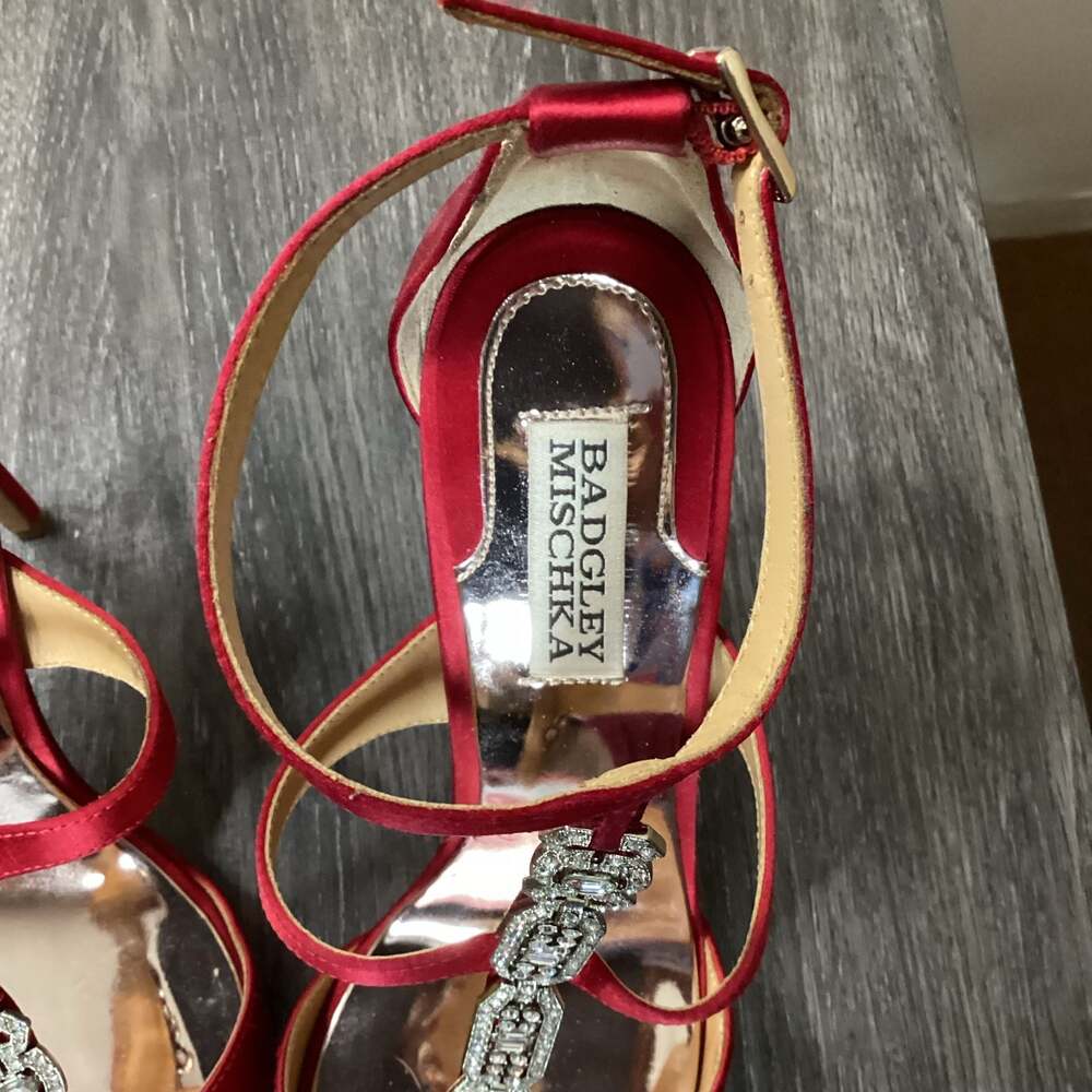 Badgley Mischka Red Satin Crystal Embellished Stiletto Heels Size 8