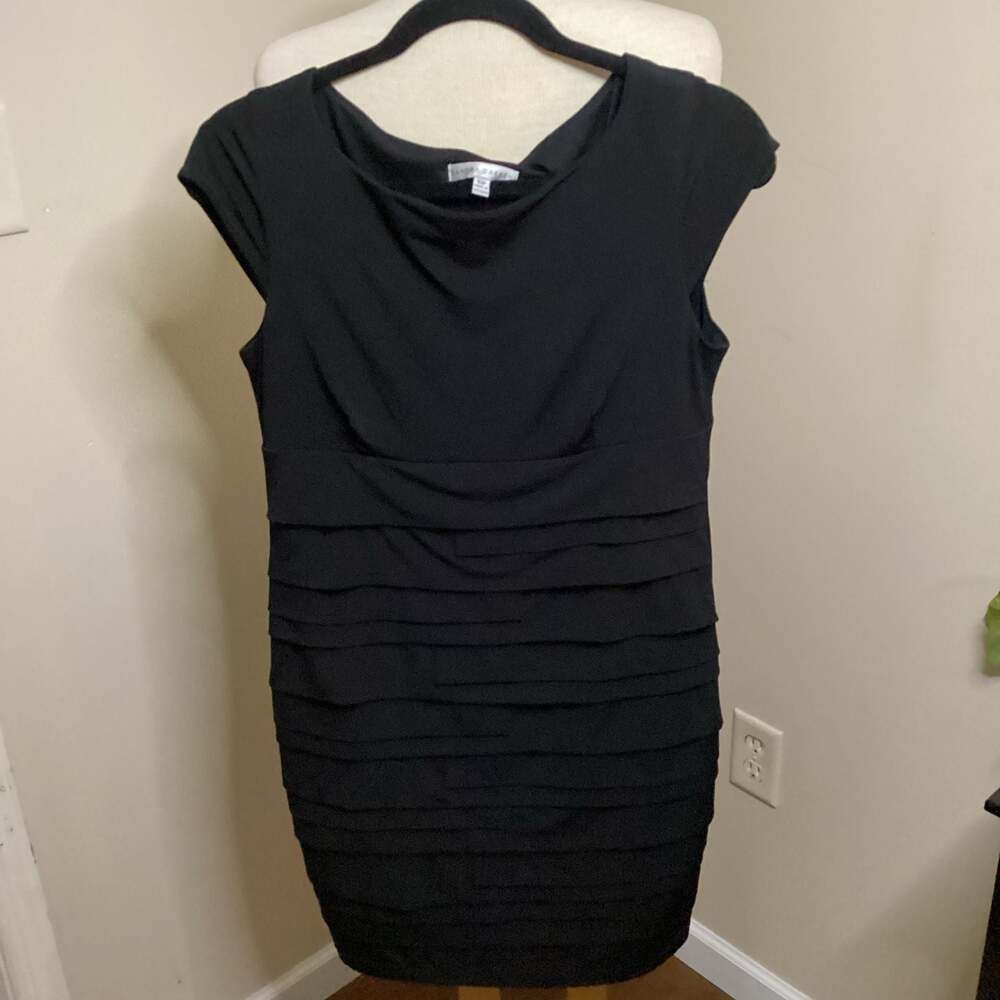 Sandra Darren Black Cowl Neck Shutter Pleat Sheath Dress
