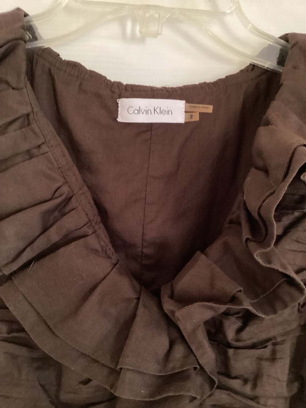 Calvin Klein Chocolate Brown Sleeveless V-Neck Ruffle Ruched Fit & Flare Dress