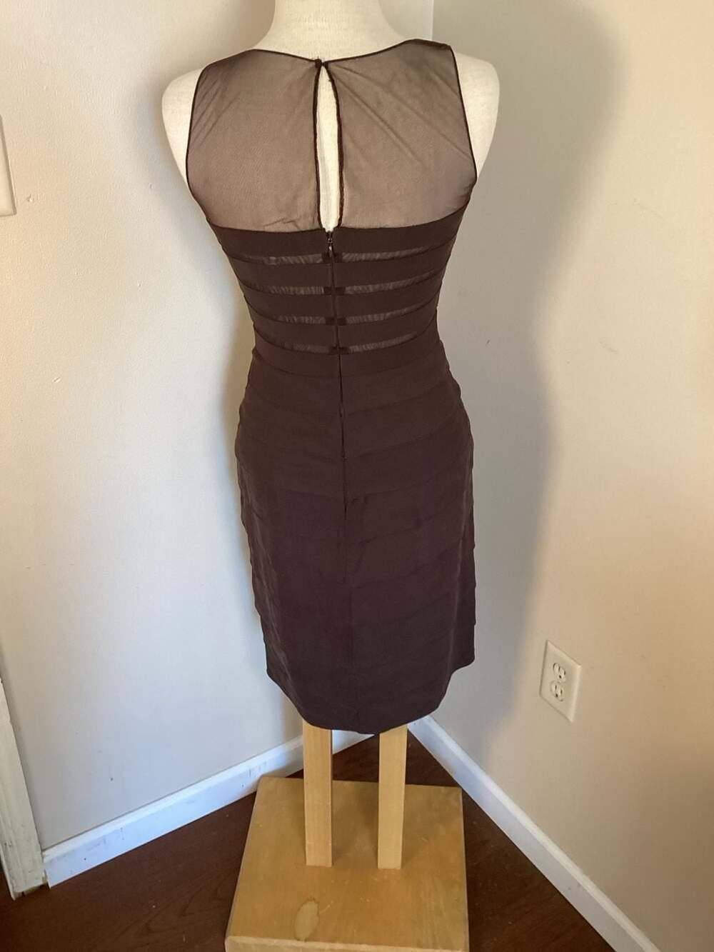 Chetta B Sherrie Bloom Peter Noviello Brown Tiered Cocktail Dress with Sheer Mes