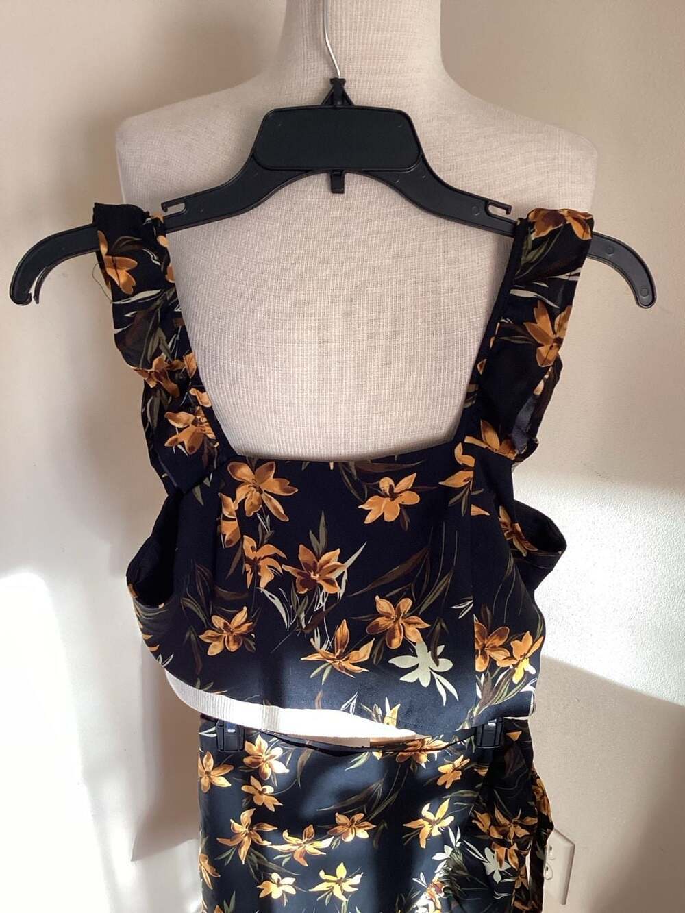 Pink Lily Two-Piece Black and Yellow Floral Crop Top and Ruffle Mini Skirt Set