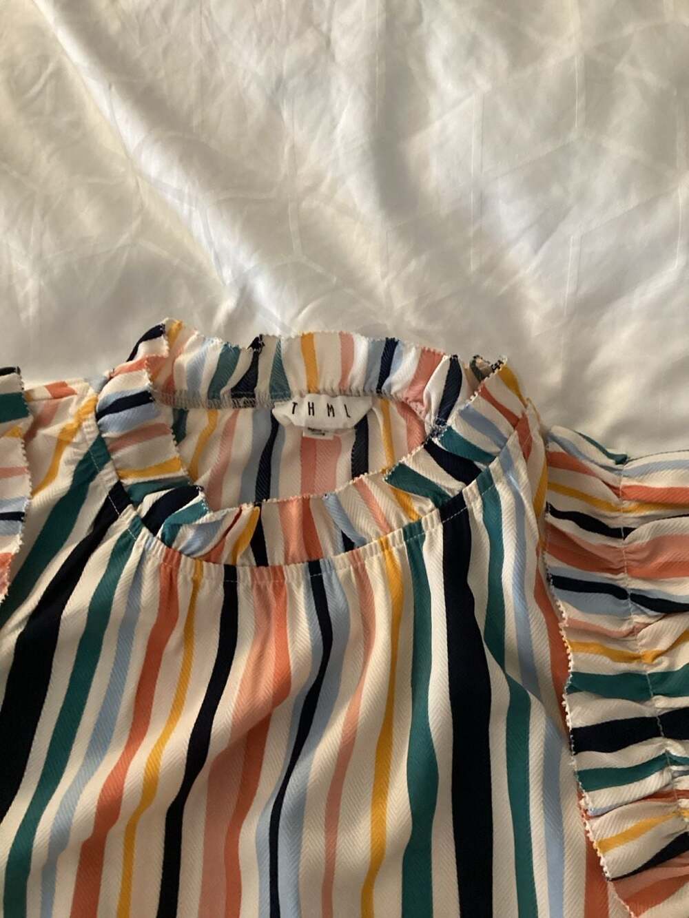 THML Multi-Color Stripe Ruffle Sleeve High Neck Blouse