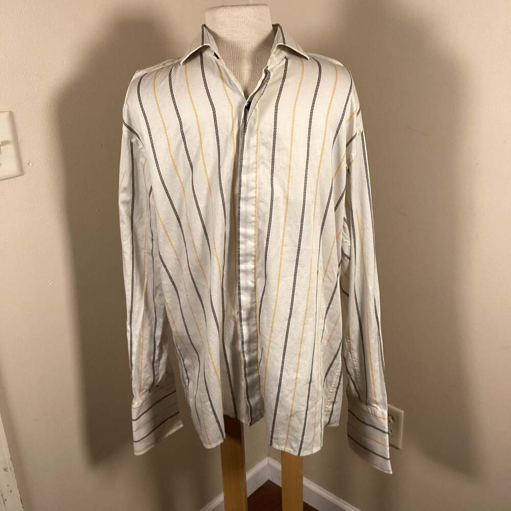Steven Land Men's White Cotton Greek Key Stripe Dress Shirt