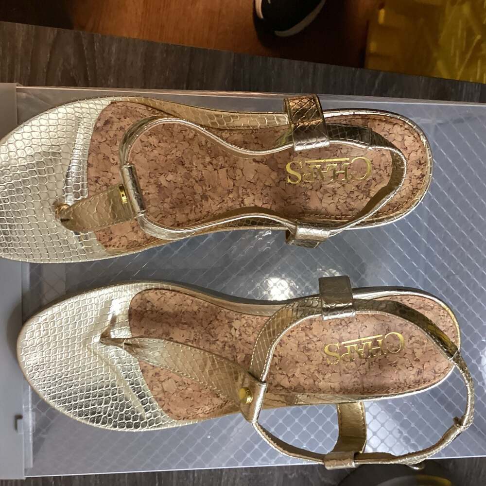 Chaps Women's Gold Snakeskin Raelyn Thong Wedge Sandals with Cork Footbed