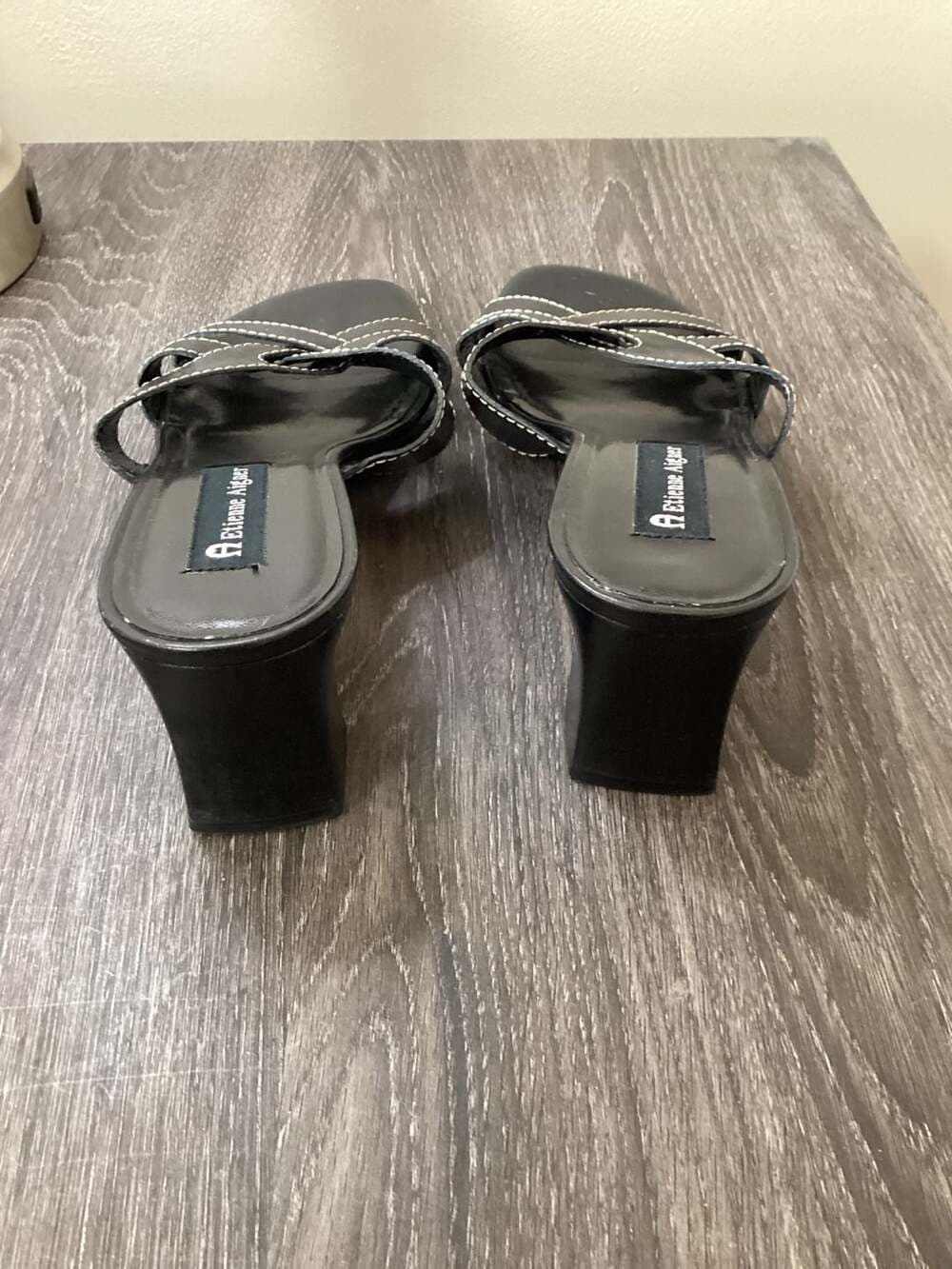 Etienne Aigner Black Leather Contrast Stitch Block Heel Mules Size 8.5M