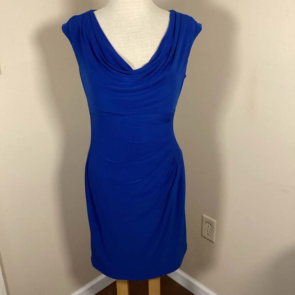 Lauren Ralph Lauren Cobalt Blue Cowl Neck Side Ruched Cocktail Sheath Dress