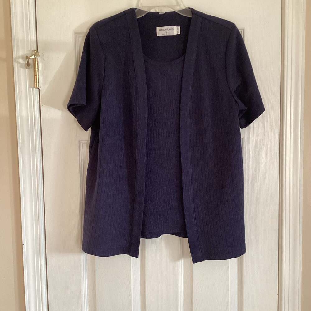Alfred Dunner 2-Piece Ribbed Knit Cardigan Pants Set in Navy Blue