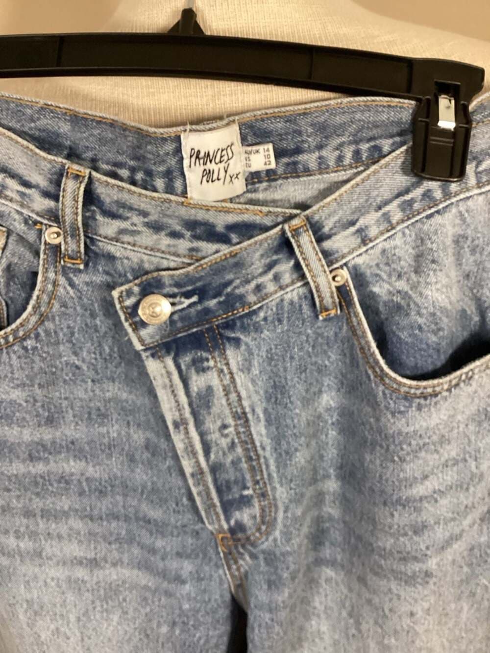 Princess Polly Archie Straight Leg Jeans Light Wash Asymmetric Waist