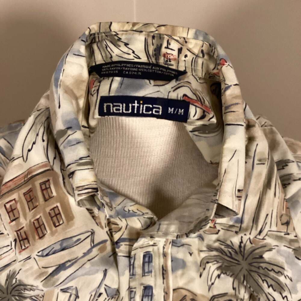 Vintage Nautica Men's Medium Rayon Cotton Blend Hawaiian Shirt Coastal Scenic Pr