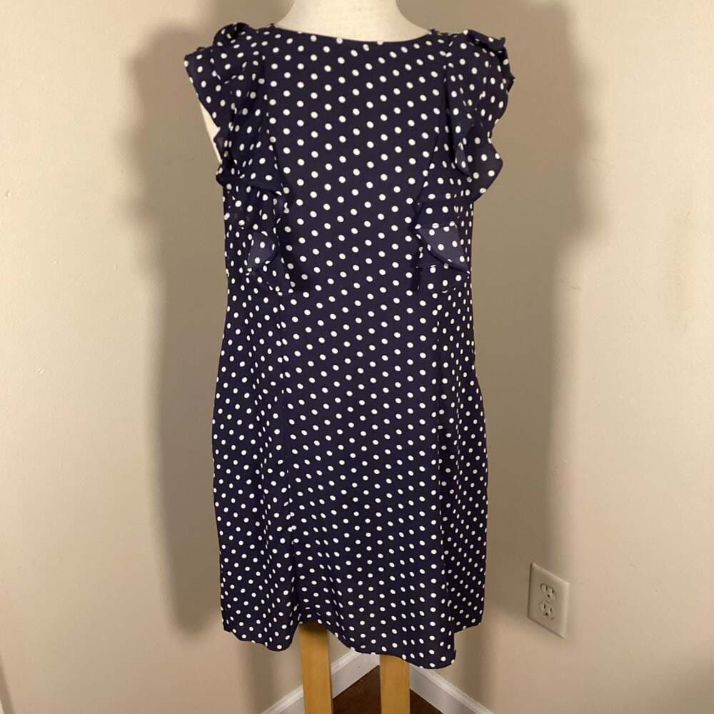 Donna Morgan Navy Blue and White Polka Dot Ruffle Sleeve Sheath Dress Size 2