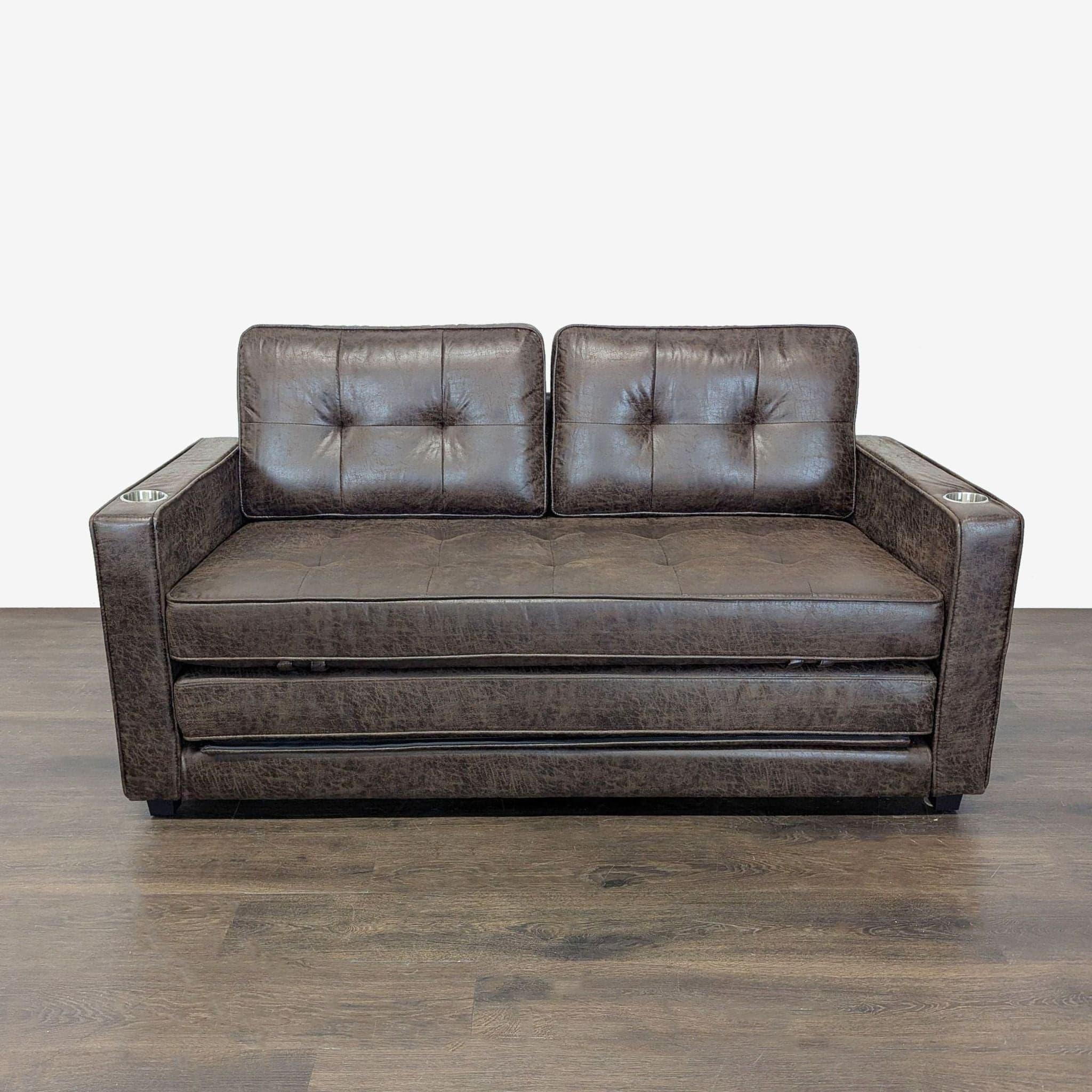 Brown Faux Leather Sleeper Sofa with Cup Holders