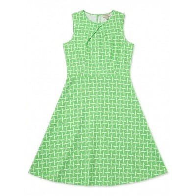 New York & Company Geometric Lattice Fit Flare Sleeveless Dress Green White L