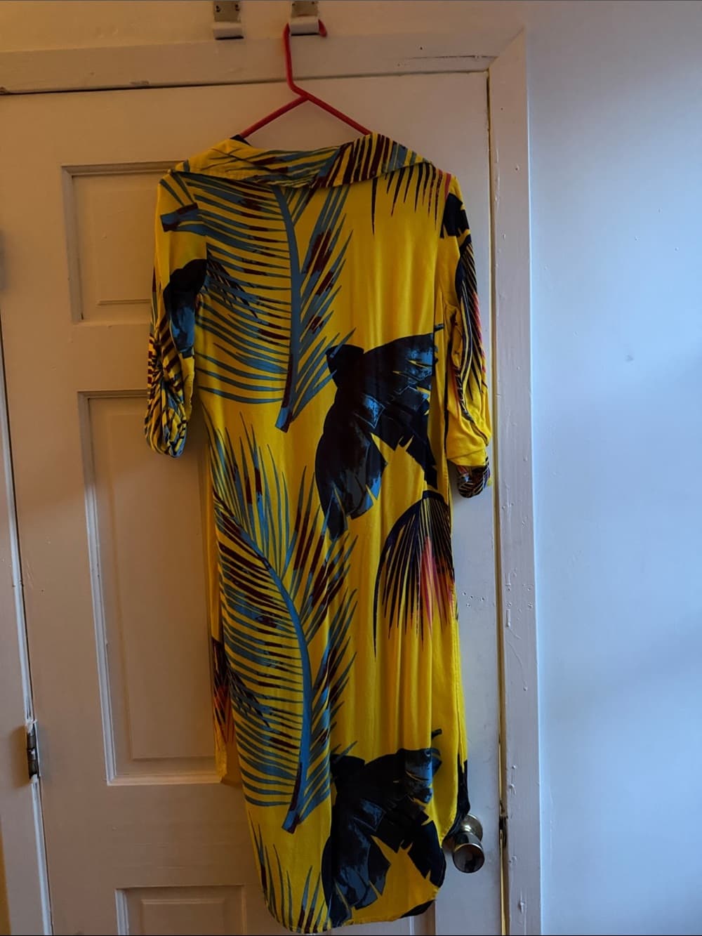 Bright Yellow Tropical-Print Long Sleeve Women’s Dress