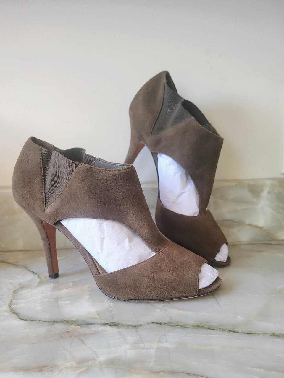 COACH "Adrianna" Suede Peep Toe Stiletto Booties: sz 8