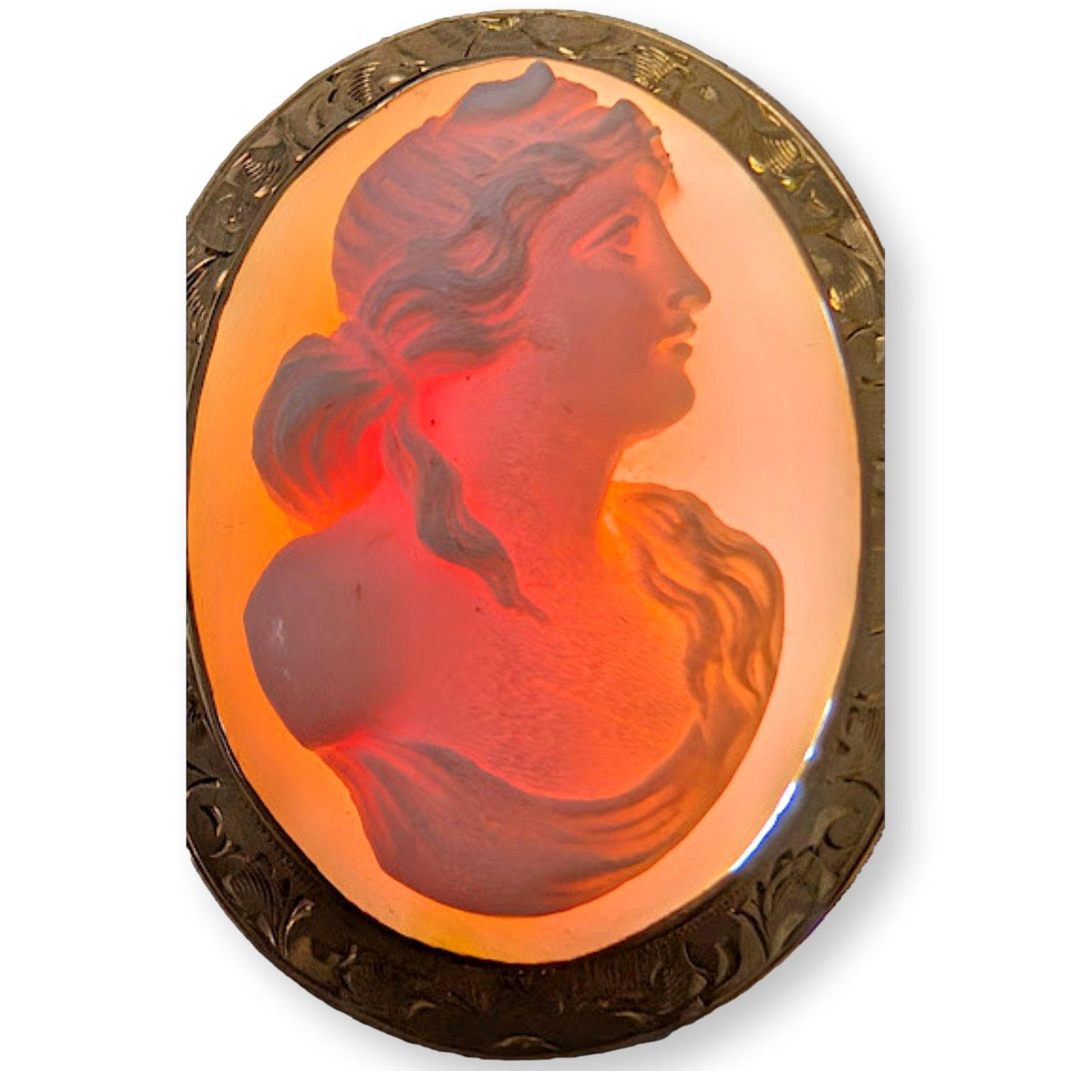 High-Relief Shell Cameo Brooch 14K Gold Engraved Frame - 1.75"