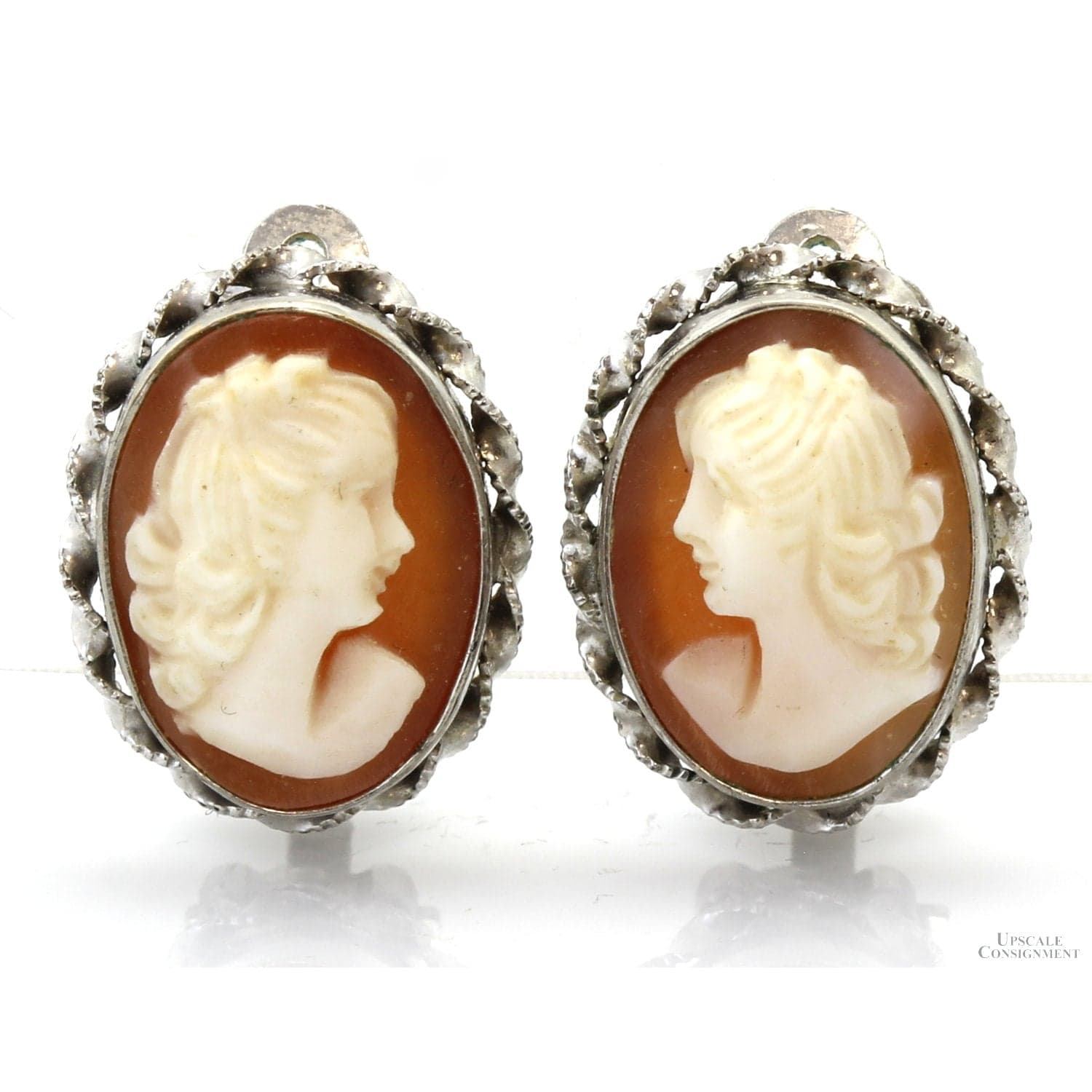Shell Cameo Clip Earrings 12K White Gold Filled Mountings - .625" L