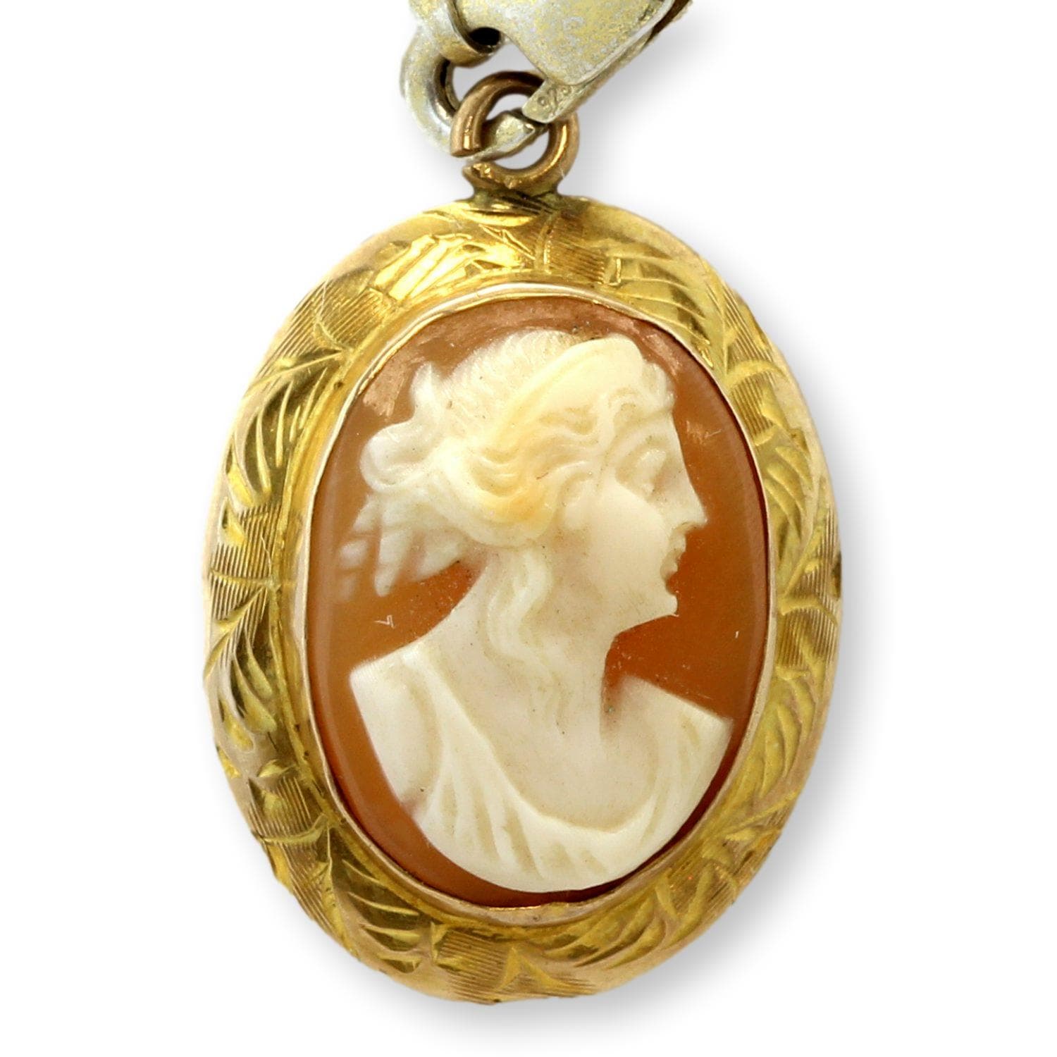 Vintage 14K Gold Shell Cameo Pendant Classical Lady Profile Mid-Century - .875"(l)