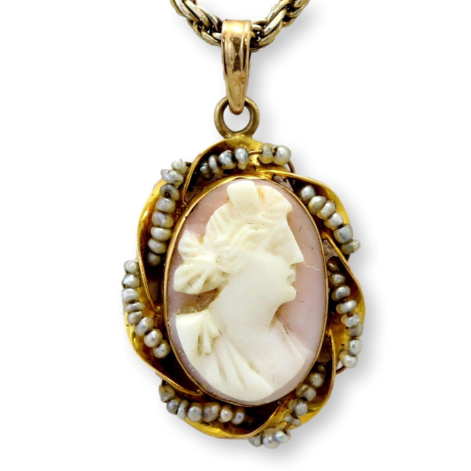 14K Gold Shell Cameo Pendant Hand-Wired Nataural Seed Pearls - 1 inch