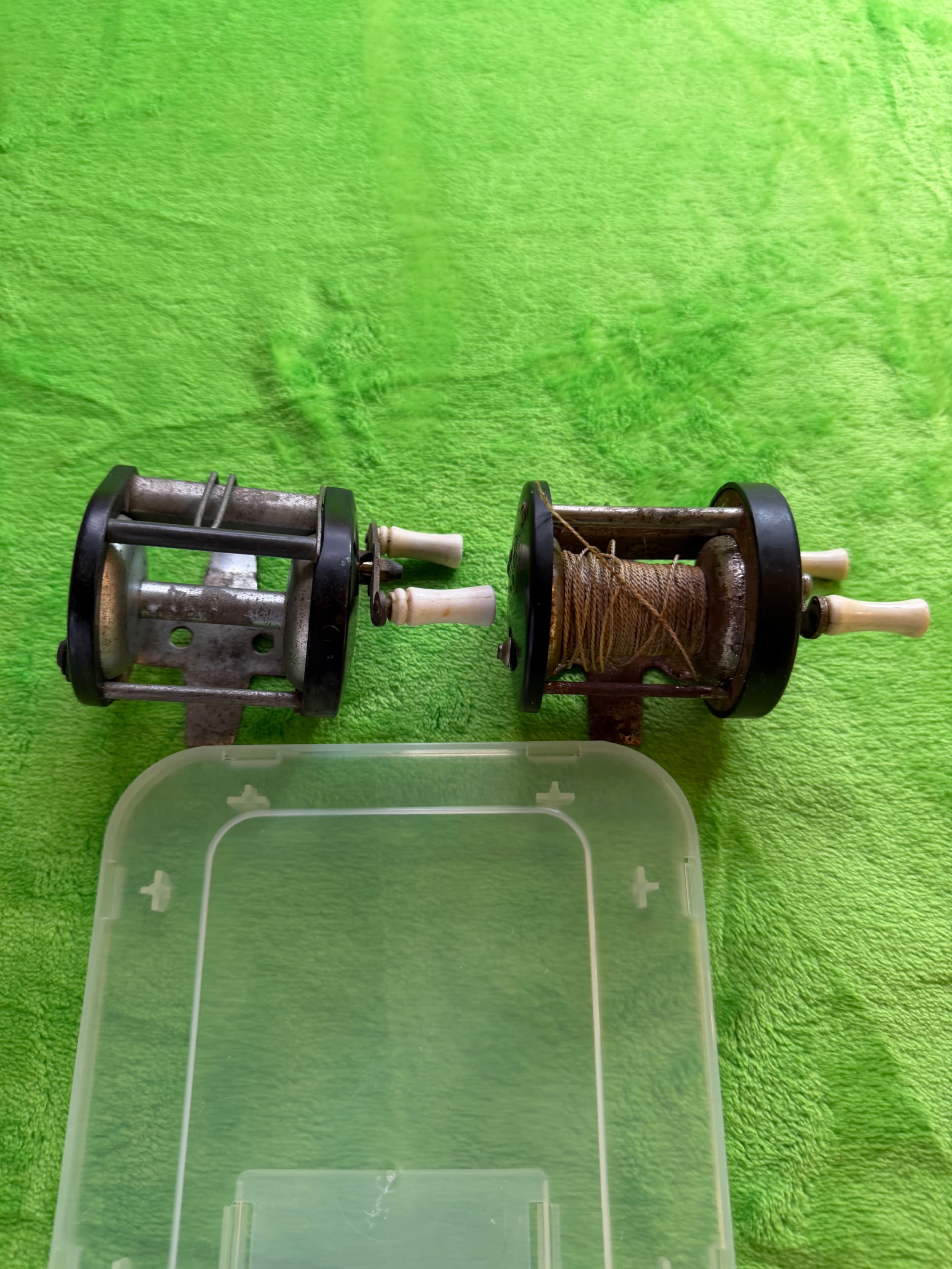 Antique Baitcasting Fishing Reel Lot of 2 Open Frame Bone Handles Pre-1930s