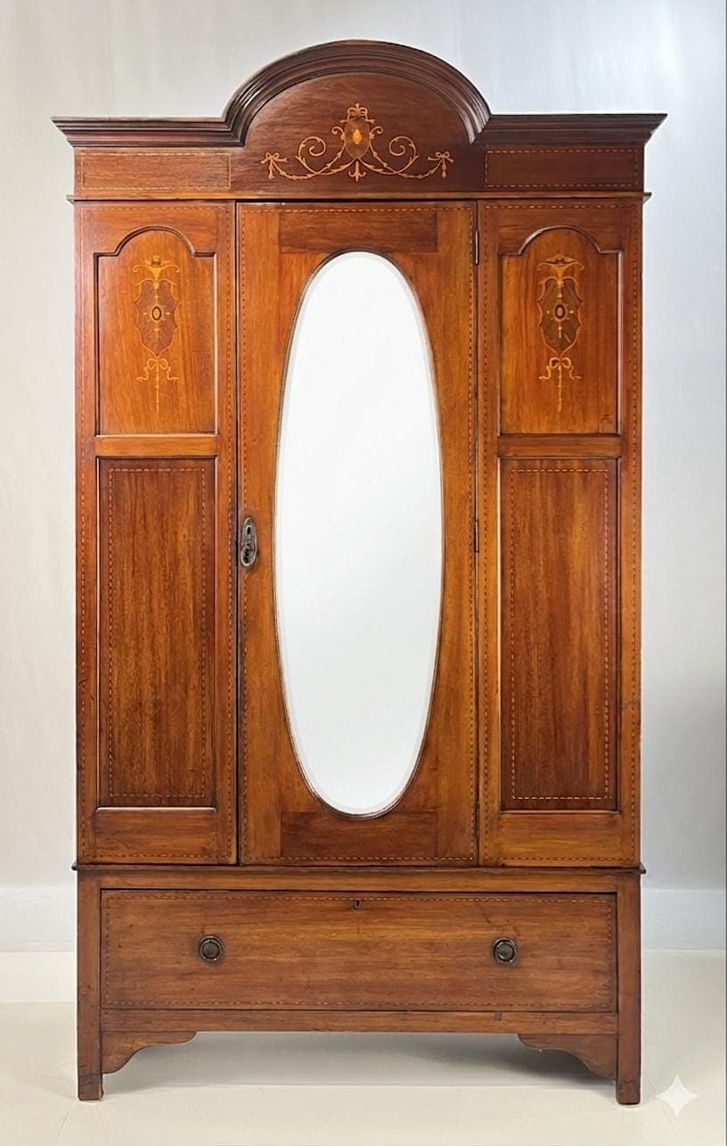 English Edwardian Style Inlaid Mahogany Wardrobe With Beveled Oval Mirror