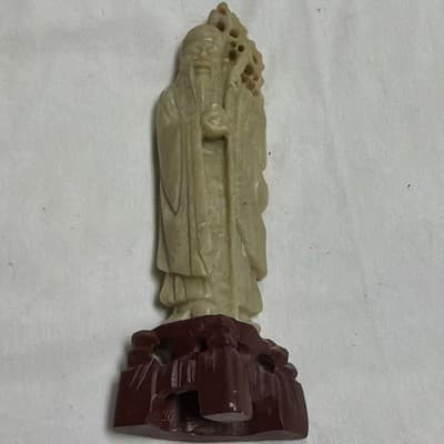 Chinese Carved Figure Statue on Wooden Stand - Light Green Figurine, Brown Base