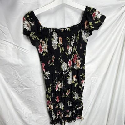 Xhilaration Women's Black Floral Smocked Square Neck Flutter Sleeve Dress S
